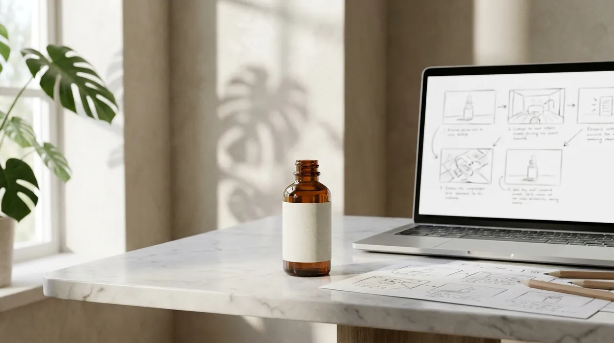 AI-generated image of an amber serum bottle with a blank label on a marble table, next to a laptop showing storyboard sketches for a short video ad