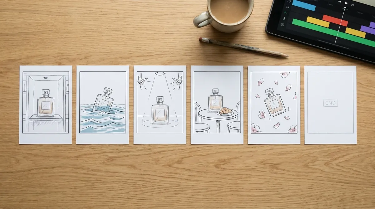 AI-generated image of six printed storyboard frames on a wooden desk, each showing the same perfume bottle in a different scene, next to a tablet with an editing timeline